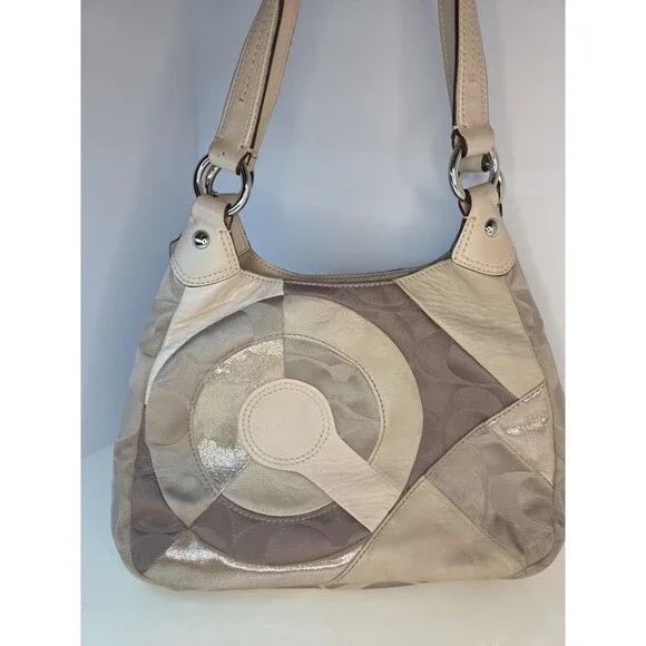 Coach Signature F20032 Biege Patchwork Leather INLD PWK HOBO Silvertone Hrdw - Picture 2 of 15